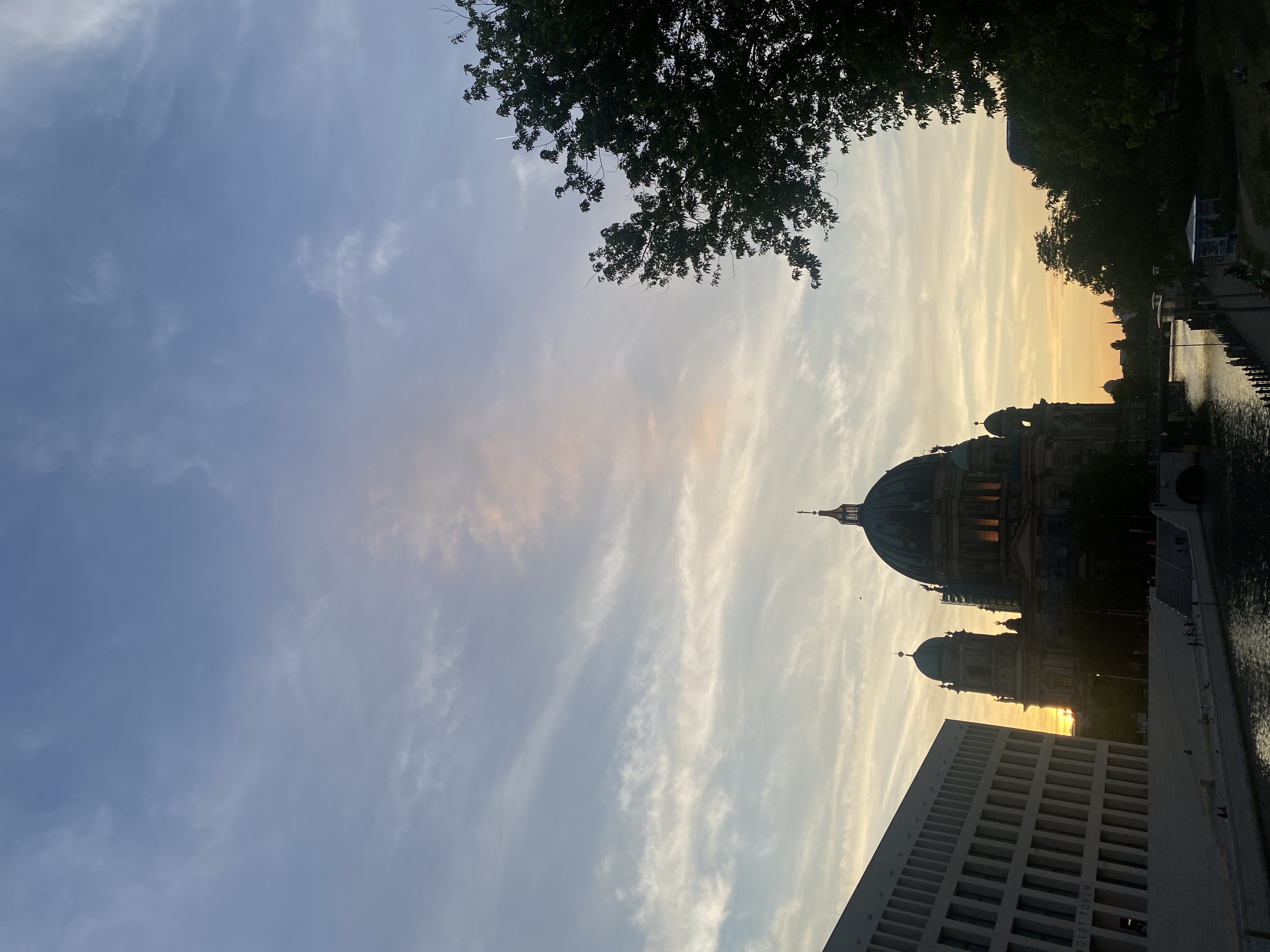 The Berliner Dom at dusk, silhouetted against layered clouds with a tree in the foreground