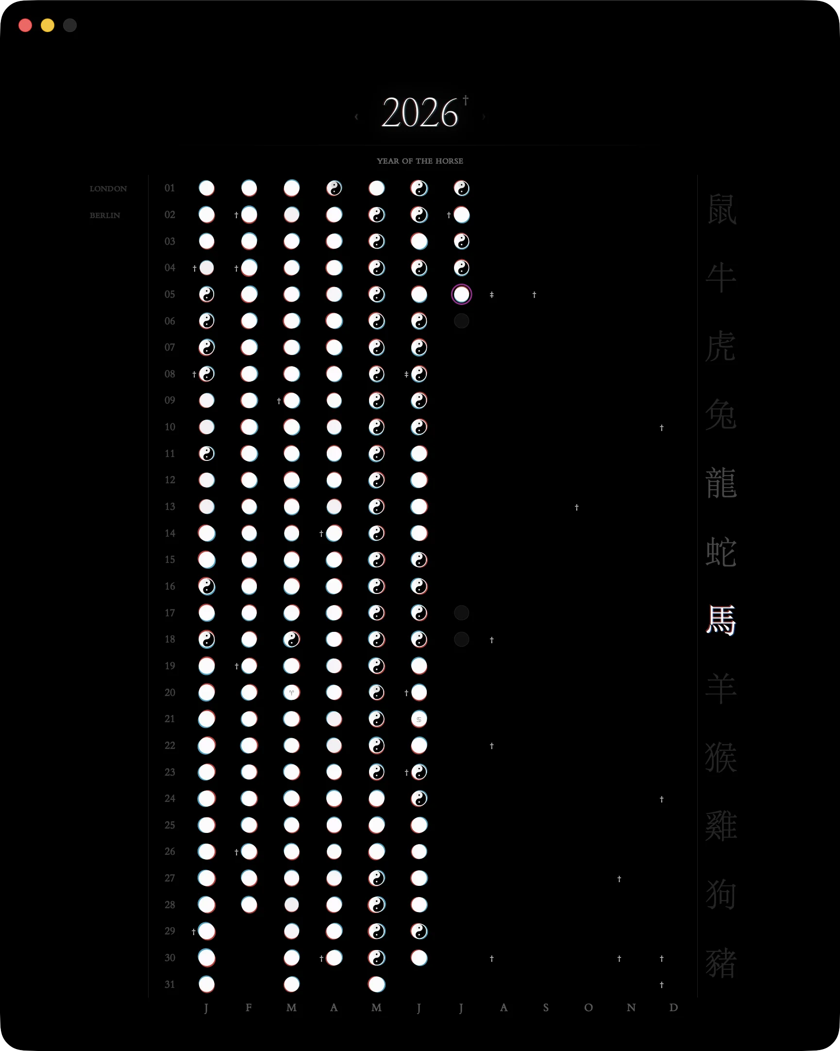 Calendar surface — year-at-a-glance grid with moon phases and chromatic fringes