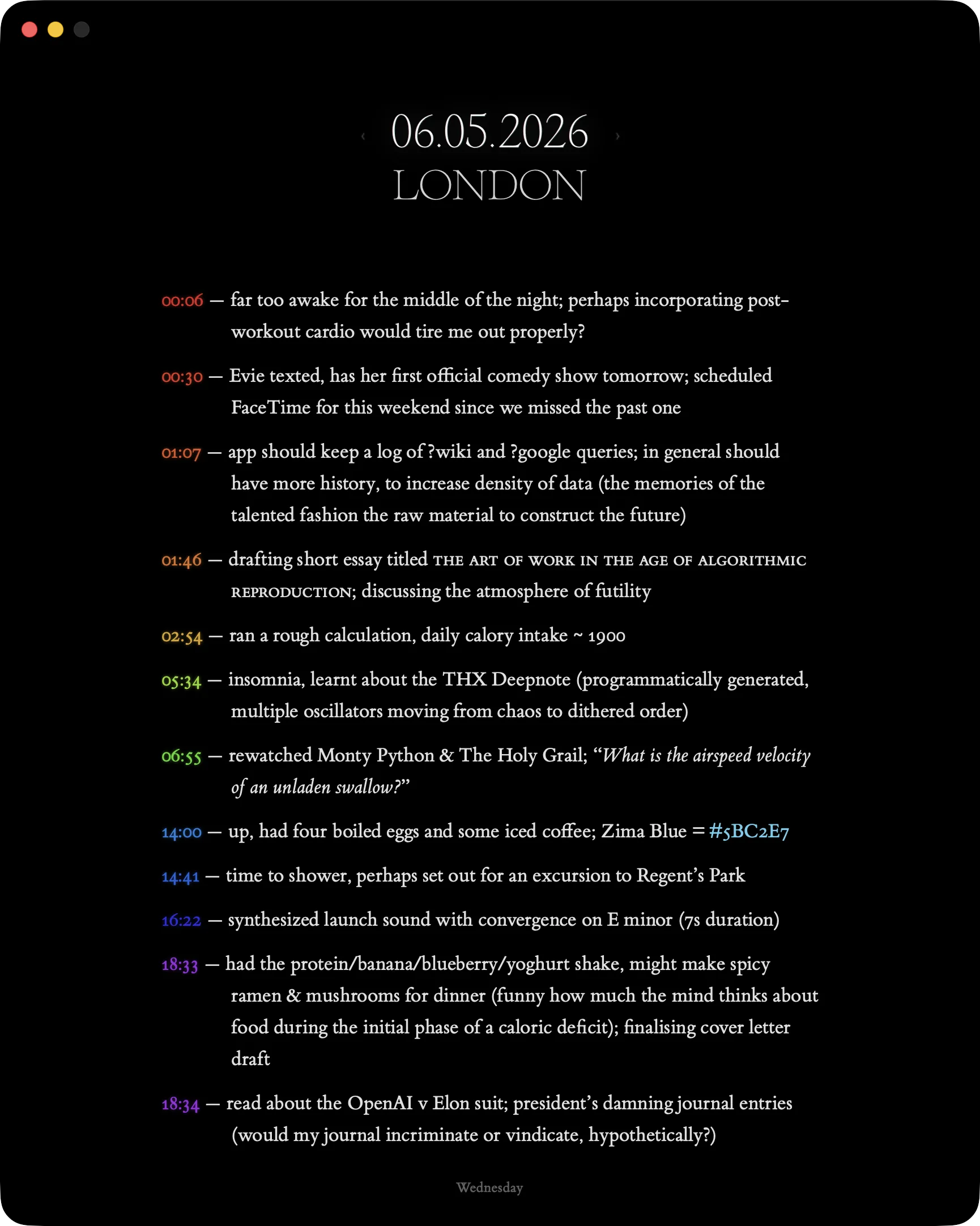Chronicle surface — diary entry with time-coloured timestamps and full colour spectrum